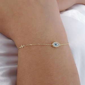 Solid Gold Evil Eye Bracelet with Side Cross, Minimalist Good Luck Protection Bracelet