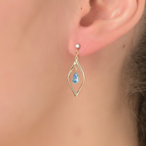Solid Gold Aquamarine Teardrop Earrings | March Birthstone Jewelry | 9K-18K