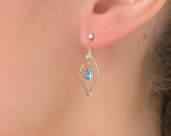 Solid Gold Aquamarine Teardrop Earrings | March Birthstone Jewelry | 9K-18K