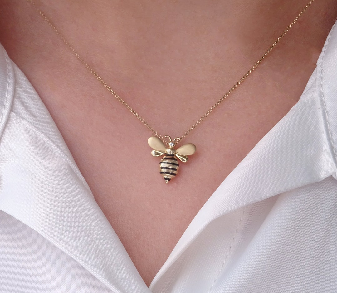 Solid Gold Bee Necklace With Diamond, Gold Bee Pendant 14K, Bee Charm