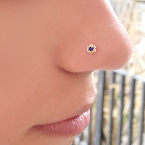 Solid gold (14K-18K) Flower Nose Stud, Diamond Stone Stud, Tiny Stud, Boho Stud, Nose piercing, Nose Stud L Shape Bent, Nose Jewel, Handmade