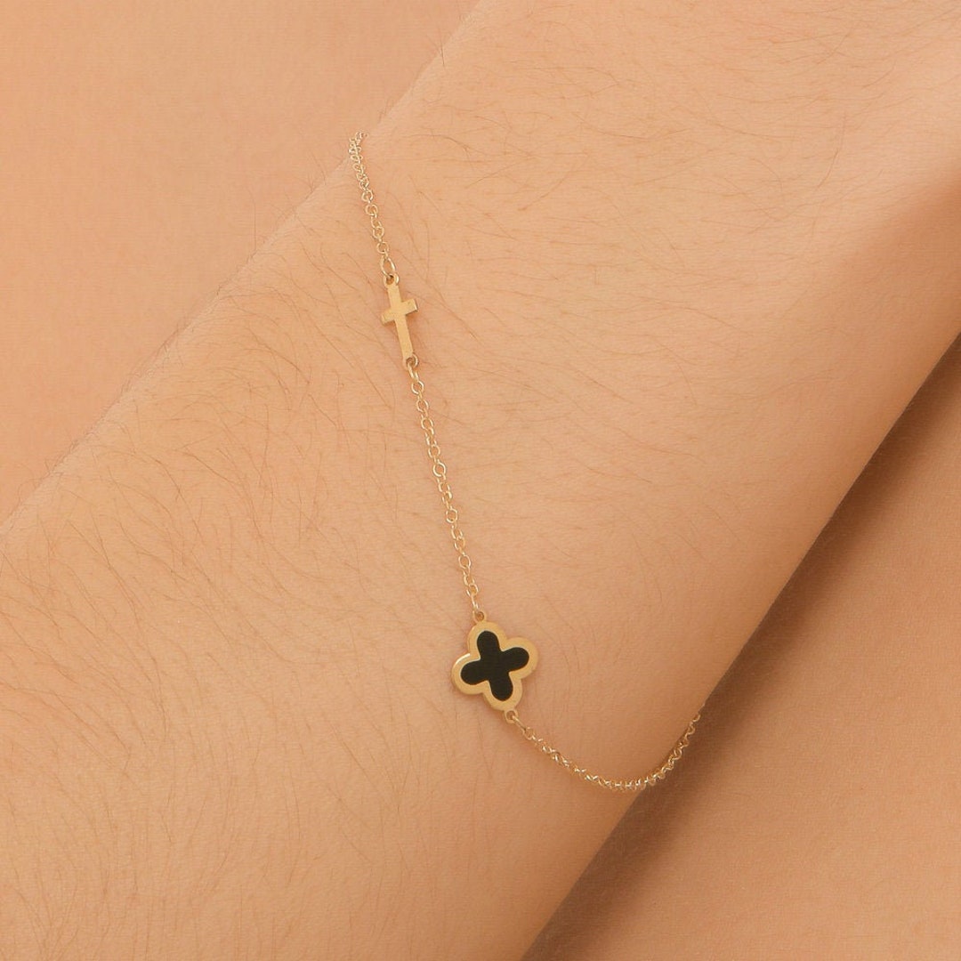 Solid Gold Cross Bracelet 9K, Dainty Cross Bracelet, Handmade Double