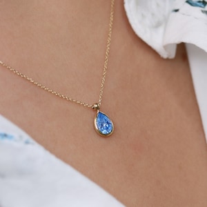 Handmade Solid Gold Teardrop Necklace | 14K/9K Tiny Gemstone Jewelry for Her