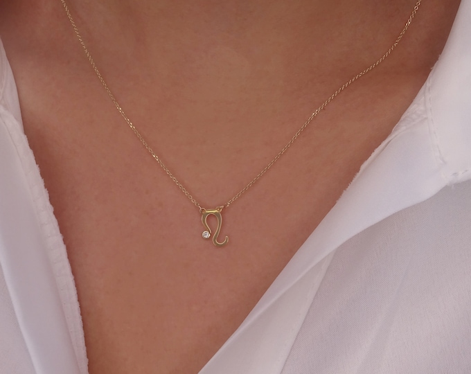 Solid Gold Leo Zodiac Diamond Necklace, Leo Necklace, Leo Pendant Diamond, Star Sign Celestial Necklace, birthday gift, Astrology Jewelry