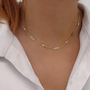 Solid Gold Pearl Necklace (K9/K14/K18), Minimalist Gold Chain with Pearls, Jewelry Gift for Her