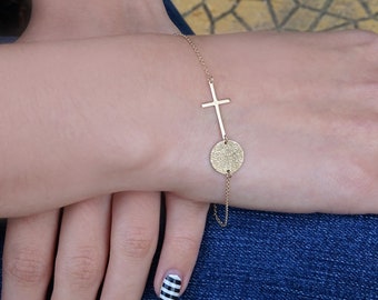 Solid Gold (9K,14K,18K) Handmade Fingerprint Cross Bracelet, Fingerprint Memorial Bracelet, Fingerprint Engrave Bracelet, Religious Bracelet