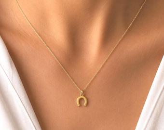 14K Solid Gold Horseshoe Pendant, Lucky Charm Necklace, Horse Lover Gift, Minimalist Gold Jewelry, Equestrian Necklace for Women