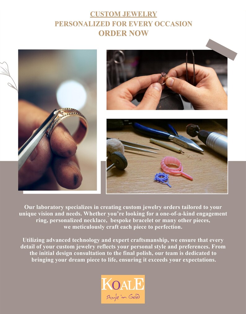 May include: A close-up of a jeweler's hands working on a custom piece of jewelry. The image shows a variety of tools and materials used in the jewelry making process. The text "KOALE Style in Gold" is visible at the bottom of the image.