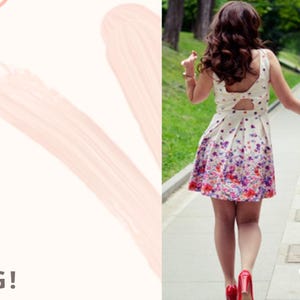 May include: Two women walking away from the camera on a paved path in a park. The woman on the left is wearing a white dress with pink and red floral print. The woman on the right is wearing a pink dress. The text "Thank you! Happy Shopping!" is written on the left side of the image.