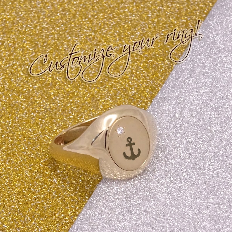 Solid gold 9K,14K,18K Signet Ring, Custom Diamond Ring, Unisex Ring, Chevalier ring, Custom engraved ring, Valentines Day Gift for Her/Him image 6
