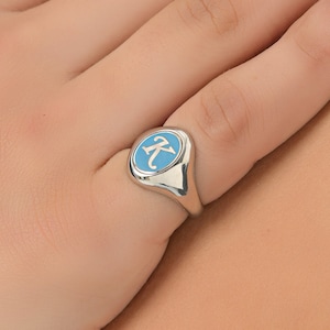 Solid Gold Signet Ring with Cerulean Blue Enamel - Unisex Engraved Chevalier