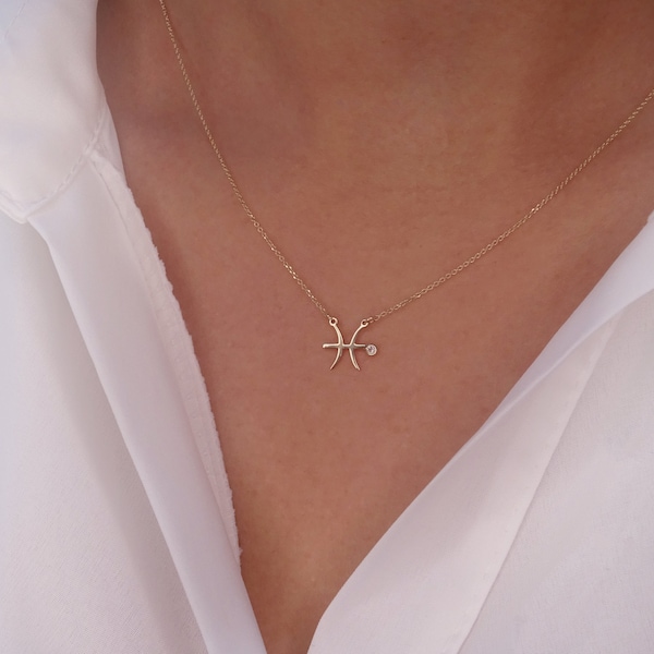 Solid Gold Pisces Zodiac Diamond Necklace, Pisces Necklace, Pisces Pendant Diamond, Star Sign Necklace, birthday gift, Astrology Jewel