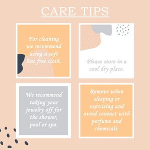 以下が含まれることがあります： 上部に「CARE TIPS」というテキストが入った、桃色のグラフィック。 この画像は、柔らかい布でのクリーニング、涼しく乾燥した場所での保管、化学物質との接触を避けるなど、ジュエリーのお手入れ方法を提供しています。