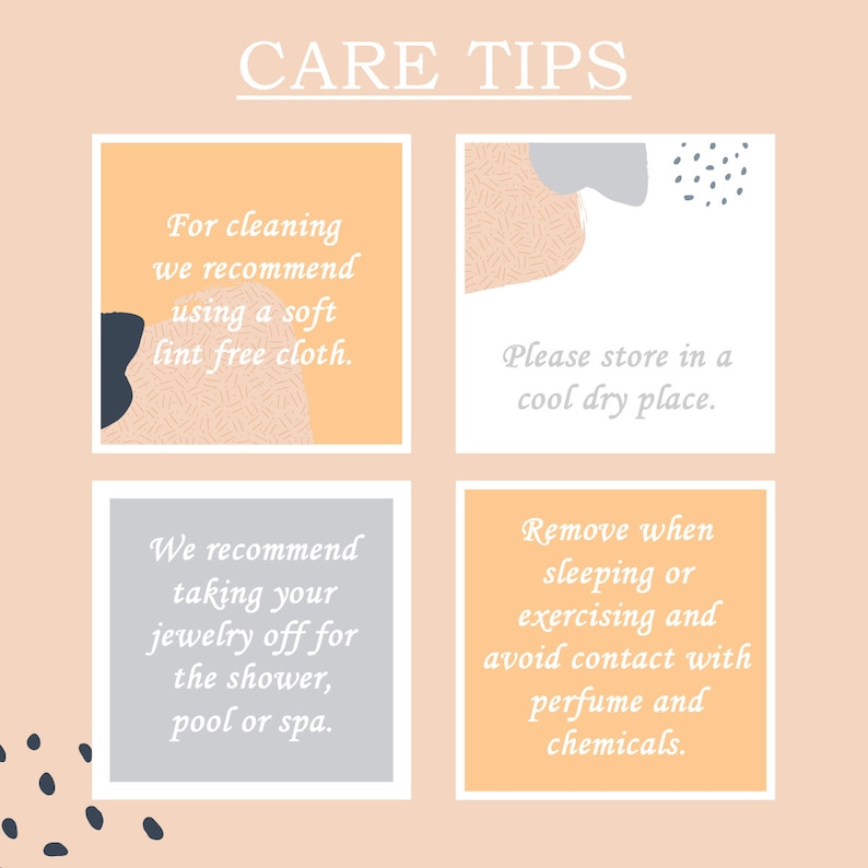 以下が含まれることがあります： 上部に「CARE TIPS」というテキストが入った、桃色のグラフィック。 この画像は、柔らかい布でのクリーニング、涼しく乾燥した場所での保管、化学物質との接触を避けるなど、ジュエリーのお手入れ方法を提供しています。