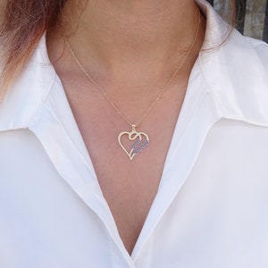 Solid Gold Heart Necklace, Engraved Two Name Pendant, Birthday Gift