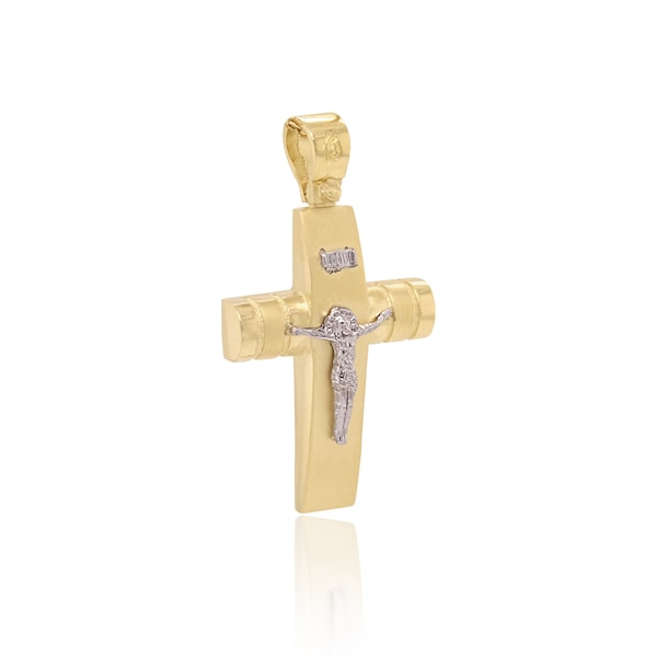 Solid Gold 14K Double Color Cross Pendant with Jesus Christ, Man Cross, Engraved Cross Pendant, Religious Jewelry, Religious Protection Gift
