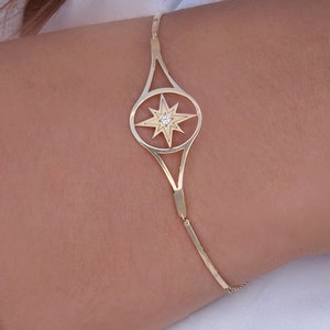 Solid Gold Star Bracelet with Zircon, North Star Charm for Bridesmaids & Anniversaries