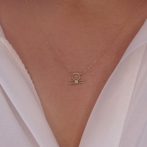 Solid Gold Libra Zodiac Necklace with Diamond - Star Sign Gift