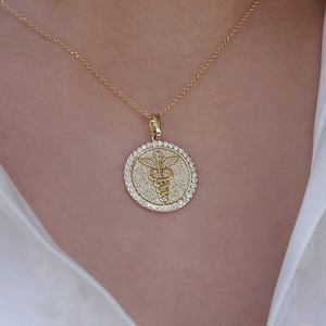 Solid Gold Caduceus Necklace with Diamonds, Medical Symbol Pendant for Students (9K, 14K, 18K)