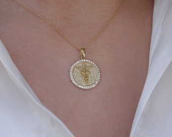 Solid gold (9K,14K,18K) Caduceus Symbol Diamond Necklace, Medical Student Gift, Medical Alert Pendant, Symbol of Medicine Gemstone Necklace