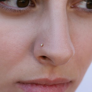 Solid Gold 14K-18K Nose Stud, Nose Stud With Prongs Genuine Diamond ...
