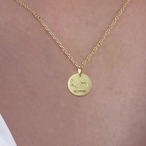 Solid Gold Zircon Constellation Necklace - Handmade Zodiac Disc Gift