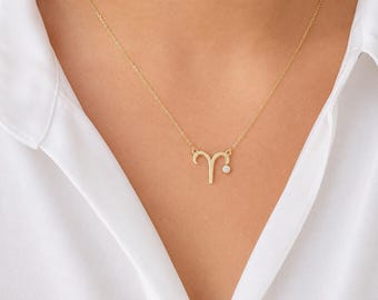 Solid Gold Aries Necklace, Aries Zodiac Pendant with Diamond, 14K Gold Zodiac Necklace, Aries Birth Sign Jewelry, Astrology Gift for Her
