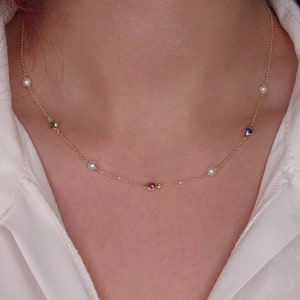 Solid Gold K18 Multi-Gemstone Charm Necklace | Colorful Layering Choker | 14K Gold Gift for Mom & Birthdays