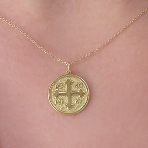 Solid Gold Cross Necklace K18 - ICXC NIKA Coin Pendant & Baptism Gift