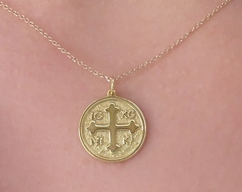 Solid Gold Cross Necklace K18 - ICXC NIKA Coin Pendant & Baptism Gift