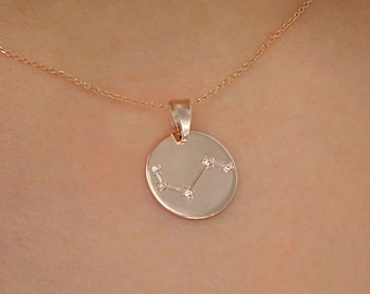 Solid Gold Zircon Constellation Necklace - Handmade Zodiac Disc Gift