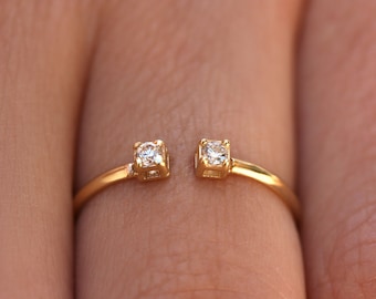 solid gold ring 14K-18K – dainty diamond ring – double diamond ring – thin ring with two diamonds -  band ring with diamonds