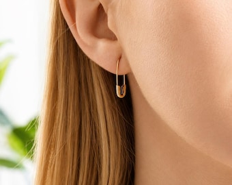 Solid Gold Safety Pin Earrings, Gold Dangle Earrings, Minimalist Paperclip Earrings, Modern Gold Jewelry, Gift for Her