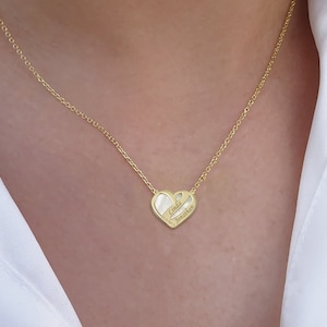 Personalized Solid Gold Heart Necklace with Mother of Pearl - Custom Names & Dates