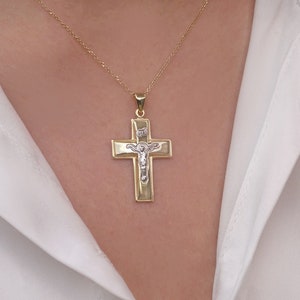 Solid Gold Cross Pendant for Men | Engraved Jesus Christ Religious Jewelry