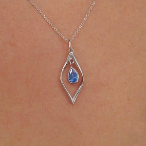 Solid Gold Aquamarine Teardrop Necklace, March Birthstone Jewelry, 9K-18K