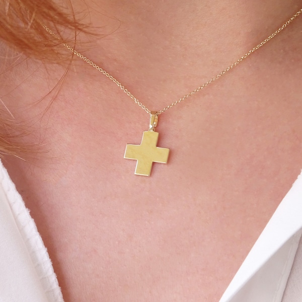 Solid Gold Cross 14K, Solid Gold Cross with Diamond K18, Gold Cross Charm, Tiny Diamond Squared Cross Necklace, Gold Dainty Cross Pendant,
