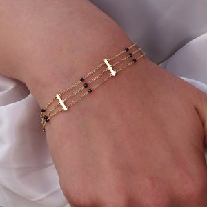 Solid Gold Black Onyx & Linked Pearl Bracelet, Handmade Turquoise Bracelet, Jewelry Gift