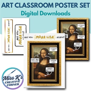 Op de afbeelding: Een set klaslokaalposters met het schilderij van de Mona Lisa met de tekst "Ben je klaar voor Mona Lisa?" en "Luisterende oren", "Gelipt" en "Handen zijn stil" op het beeld. De posterset is een digitale download.