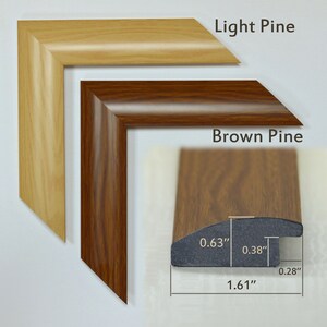 May include: Two picture frames, one in light pine and one in brown pine, with a close-up of the brown pine frame showing its dimensions: 1.61 inches wide, 0.63 inches tall, and 0.38 inches deep.