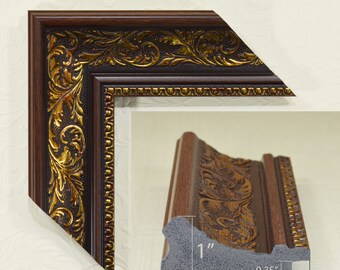 May include: A dark brown and gold picture frame molding with an ornate floral relief pattern and a beaded inner edge. The cross-section shows a height of 1 inch, a width of 2.2 inches, a rabbet depth of 0.35 inches, and a rabbet width of 0.25 inches.