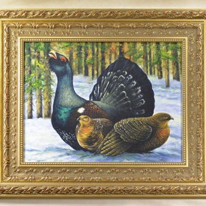 May include: A painting of a male and two female grouse in a snowy forest setting. The male grouse has a black and white tail and a green and black body. The female grouse are brown and have a reddish-brown breast.