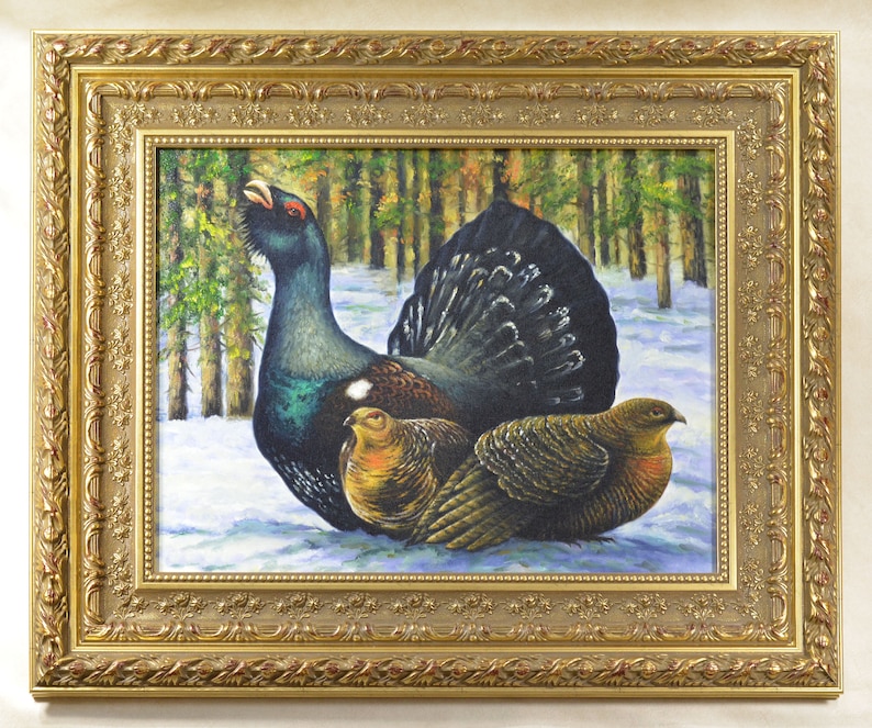 May include: A painting of a male and two female grouse in a snowy forest setting. The male grouse has a black and white tail and a green and black body. The female grouse are brown and have a reddish-brown breast.