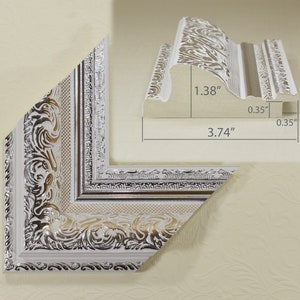 White Frame with Bright Silver Pattern 3.74 inches wide. Plastic. 4x6, 5x7 ... 22x32'', Polystyrene Frame.