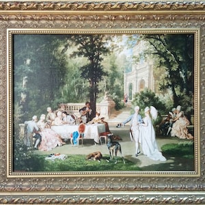 May include: A framed oil painting depicting a group of people in a garden setting. The scene features a couple dancing in the foreground, while others are seated at a table in the background. The painting is set against a backdrop of lush greenery and a grand building.