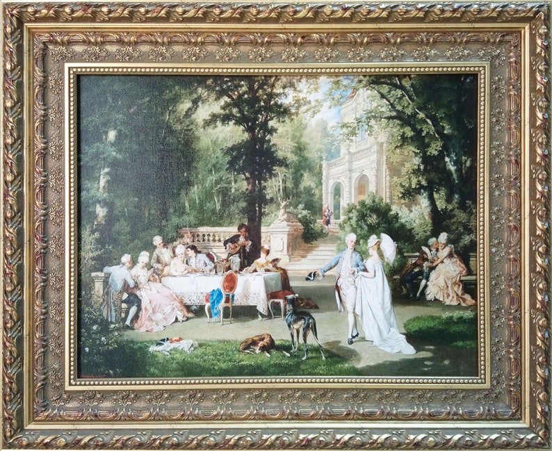 May include: A framed oil painting depicting a group of people in a garden setting. The scene features a couple dancing in the foreground, while others are seated at a table in the background. The painting is set against a backdrop of lush greenery and a grand building.