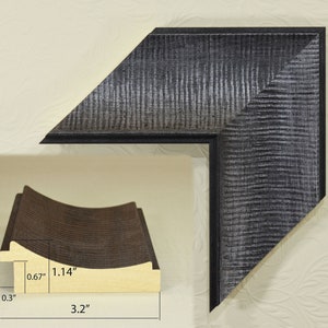 May include: A section of a gray and black picture frame with a textured surface. The frame is 3.2 inches wide, 0.3 inches thick, and has a 0.67-inch and 1.14-inch depth. A cross-section of the frame is also shown.