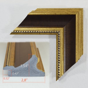 May include: A gold and brown picture frame with a beaded edge. The frame is 2.8 inches wide, 1.54 inches tall, and 0.32 inches deep.