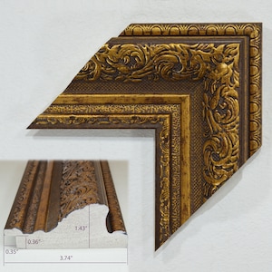 Op de afbeelding: Een sierlijk fotolijst in goud en bruin met een decoratief, reliëfdesign. De lijst is 9,5 cm breed, 3,6 cm hoog en 0,9 cm diep.