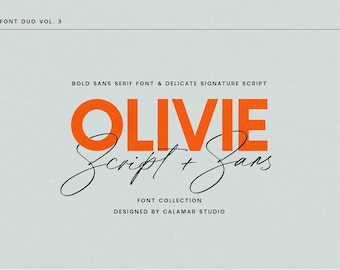 May include: A font duo collection called "Olivie Script + Sans" featuring a bold sans serif font and a delicate signature script. The image displays the alphabet in both fonts, along with numbers and symbols. The text "90 Ligatures" is also included.